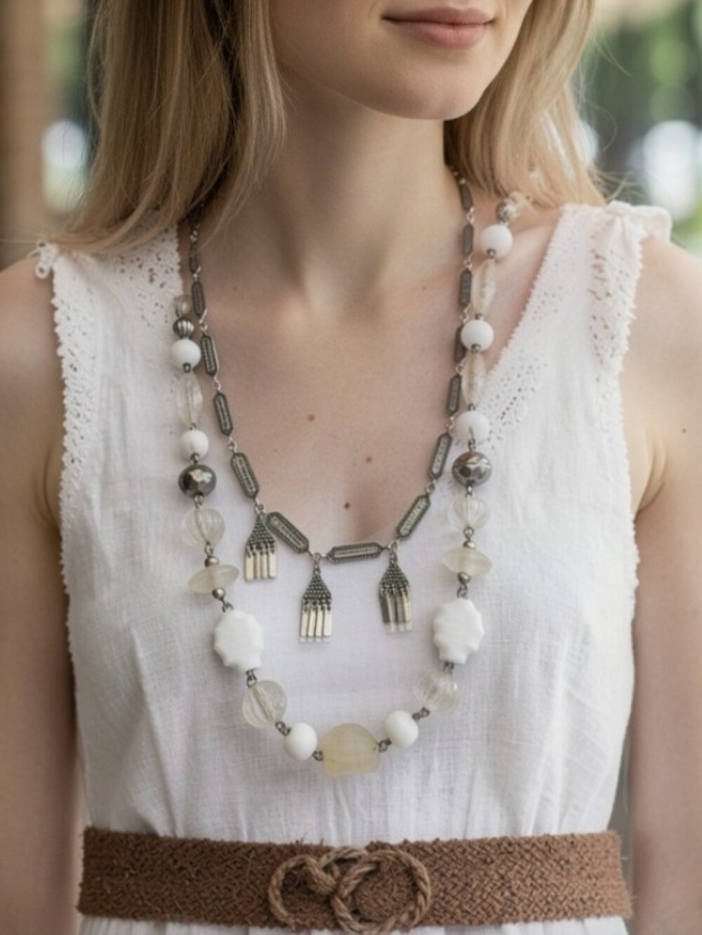 VTG Boho Clear & Milk Glass Bead & Silver Fringe Layering Necklace Bundle